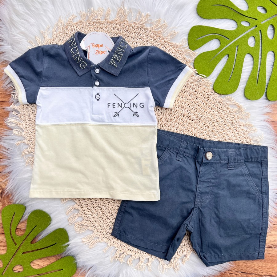 Conj. Camiseta Gola Polo Fencing e Bermuda - Chumbo e Amarelo